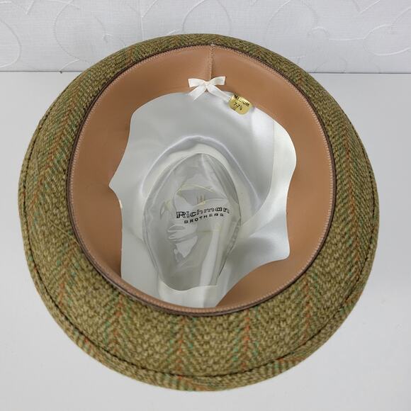 Vintage Richman Bros Fedora Trilby Hat Mens 7-7 1/8 Green Plaid Feathers Box - Picture 9 of 16